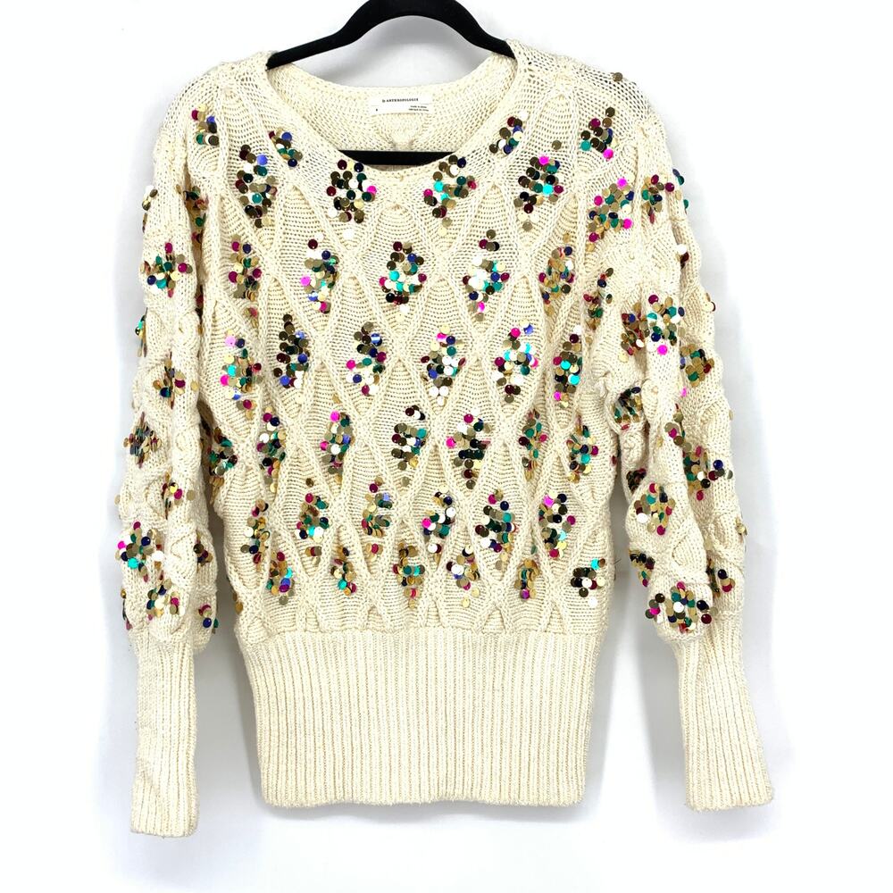 By Anthropologie Lara Sequined Sweater Womens Size Small Cream Multicolor Sequin